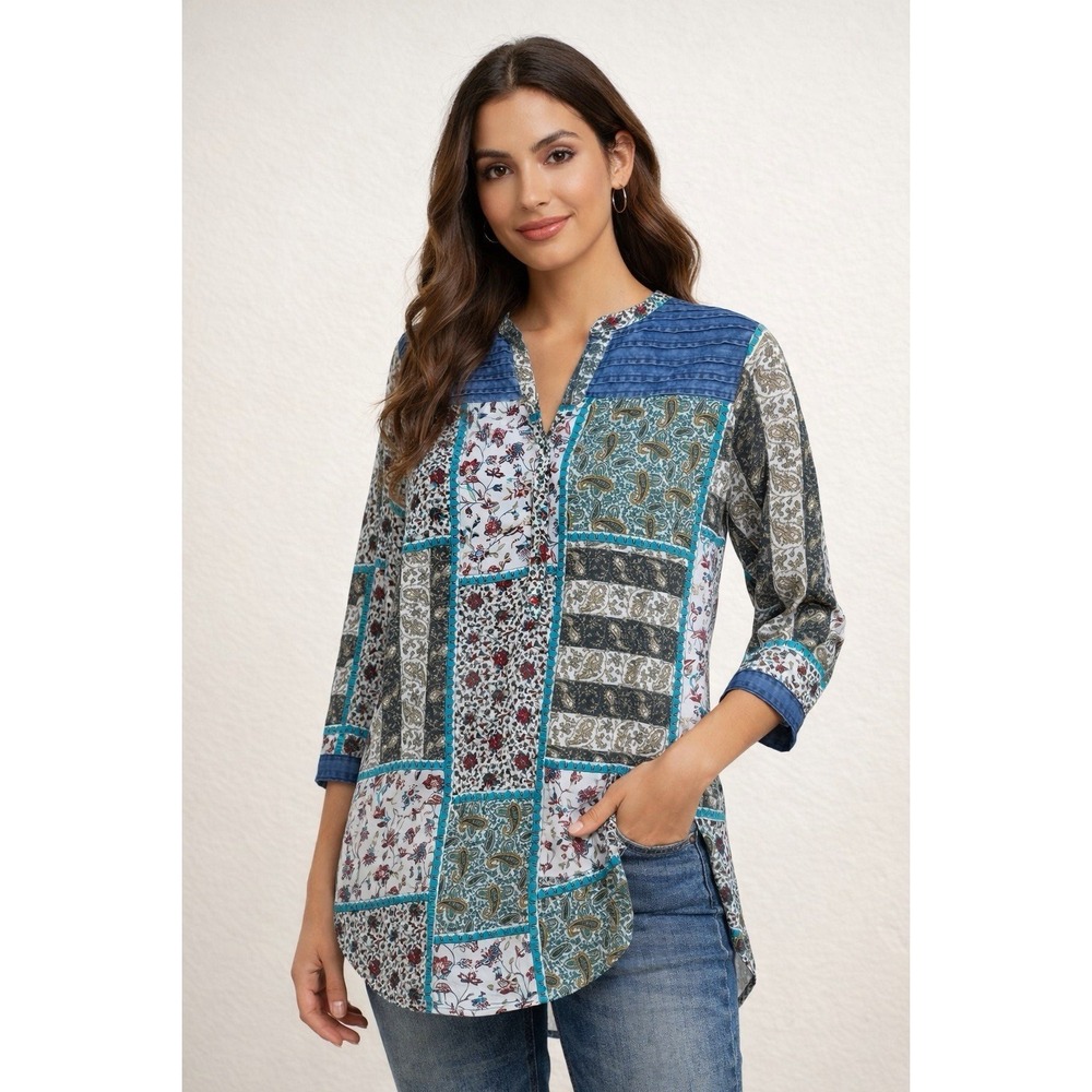 Zola Patchwork Boho Tunic Top Paisley Floral Lagenlook Artsy‎ Blouse L